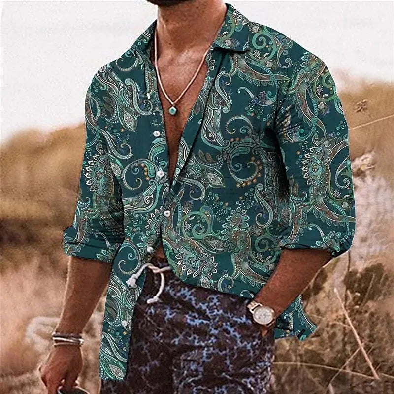 Men's loose fit long sleeve shirt with bohemian floral 3D pattern printing in polyester fabric