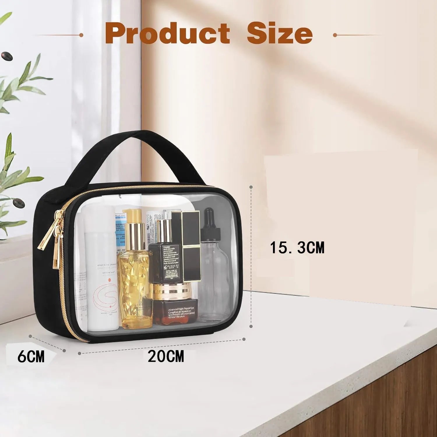 Transparent PVC wash bag with chain closure for lipstick storage in 7.85 inch size