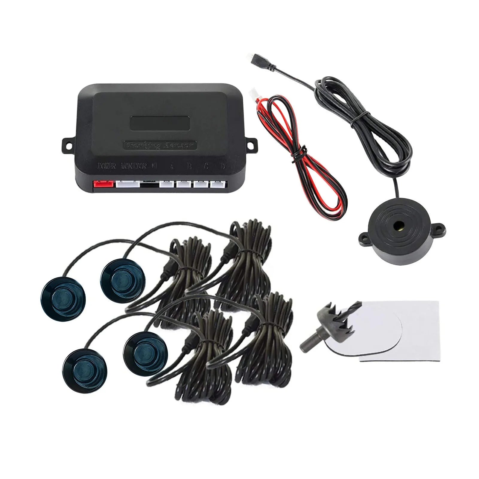Four ultrasonic parking sensors and a buzzer control unit for a car reversing radar system.