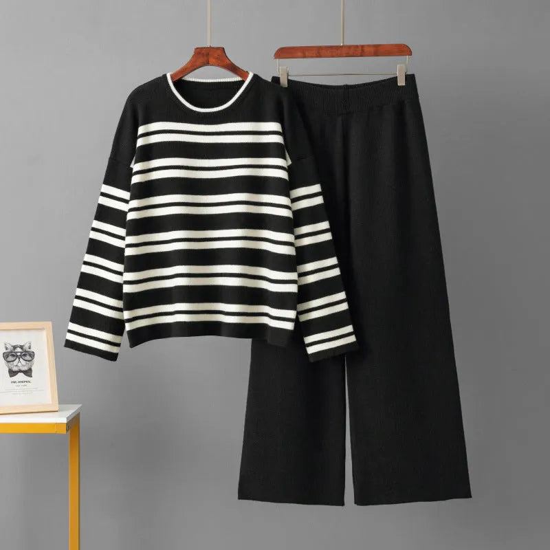 Casual striped loose sweater and wide leg pants two-piece set for women in brown