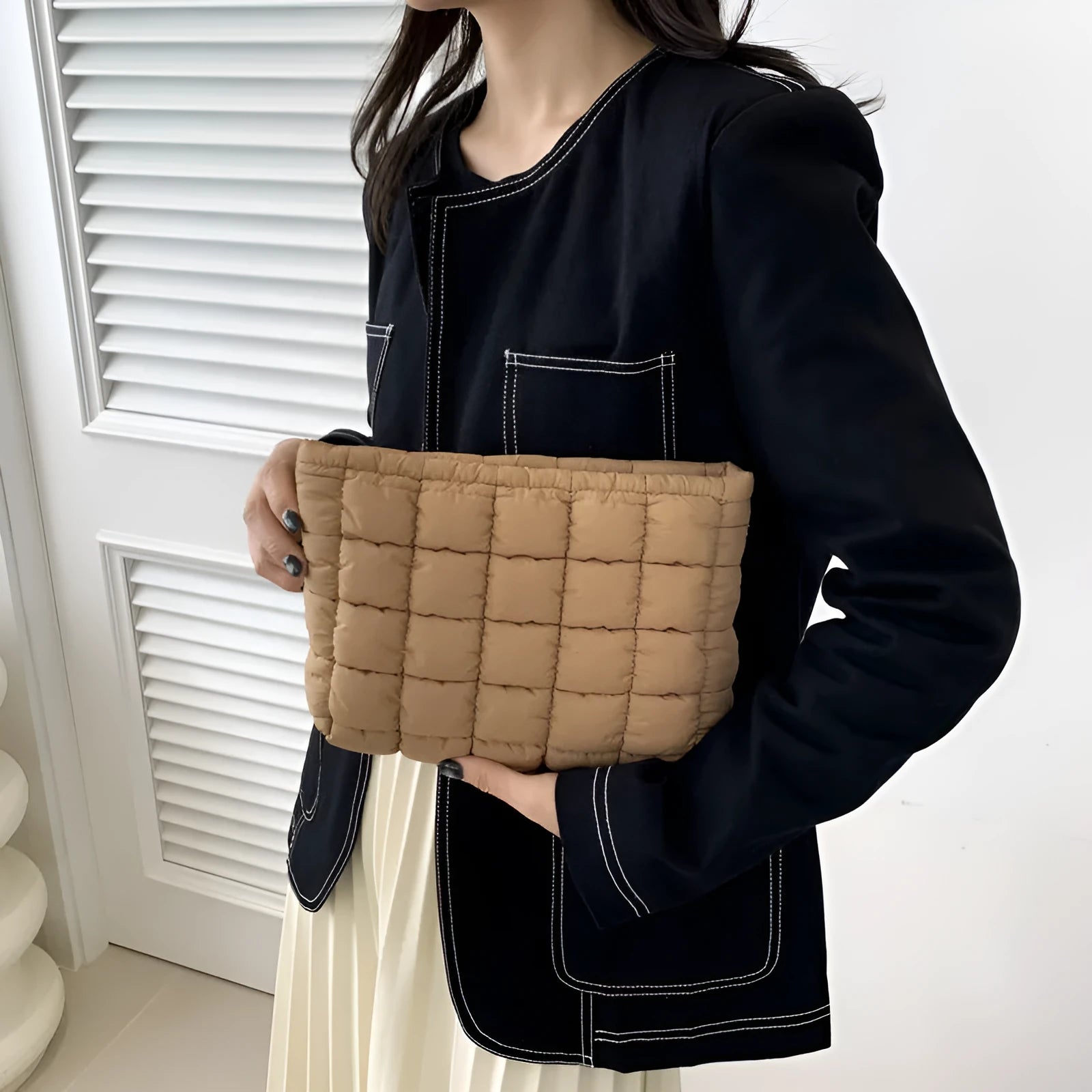 Solid colour women's cotton down bag with folding stitch, 26.5 cm wide, soft handbag in eight colour options