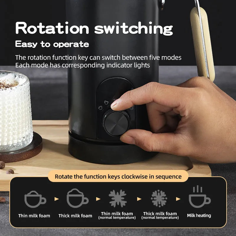 White stainless steel milk frother with knob control and 350ml capacity on a kitchen counter
