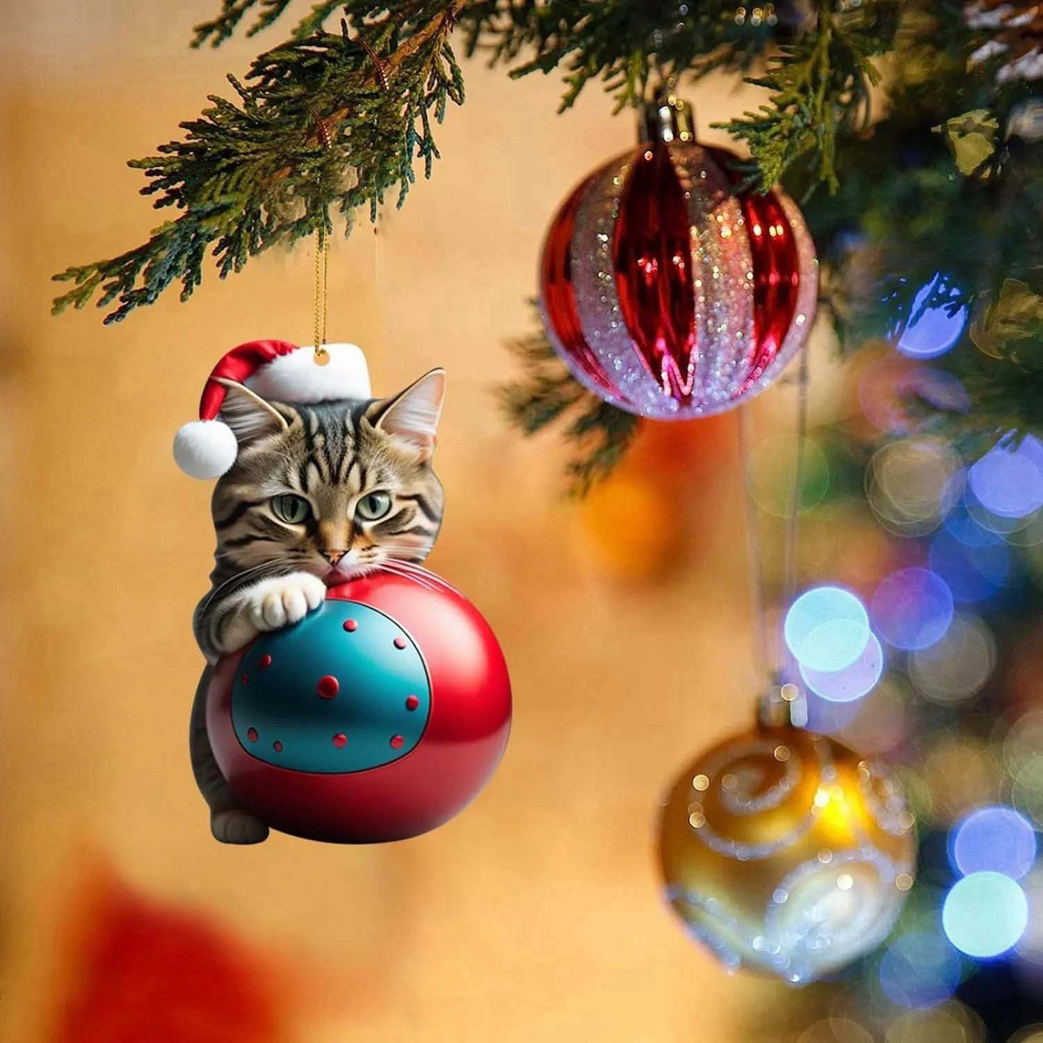 Colourful Christmas cat cartoon car hanging ornament made of clear acrylic