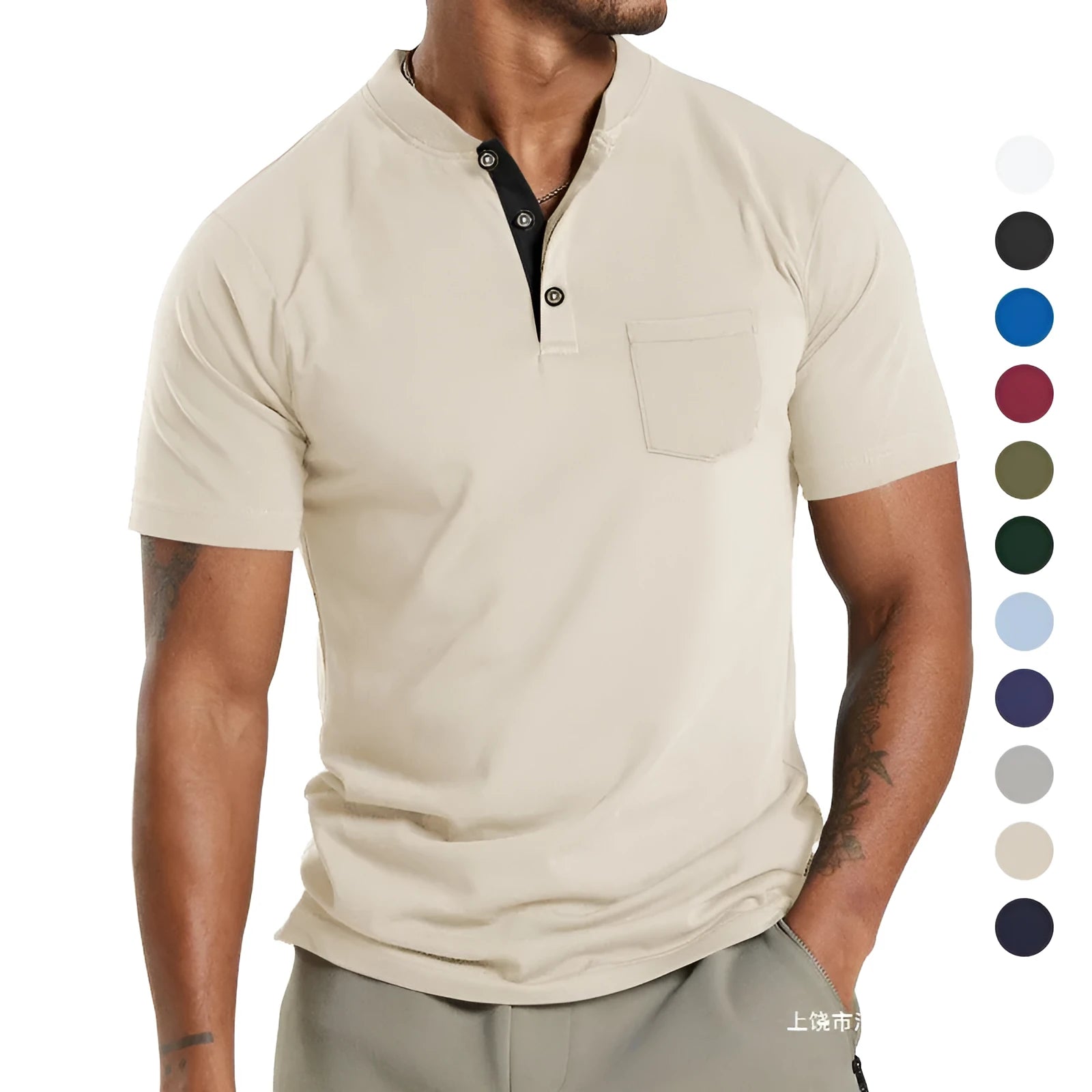Men's plus size short sleeve button-up shirt in light grey polyester fabric with a chest pocket.