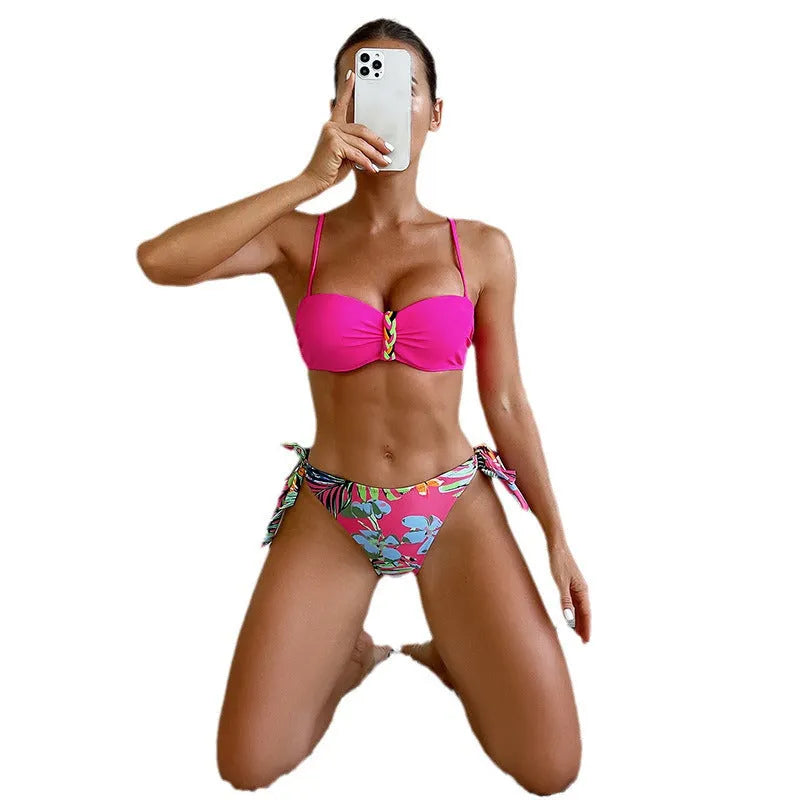 Rose red women's bikini swimsuit with a decorative braid rope design on a mannequin