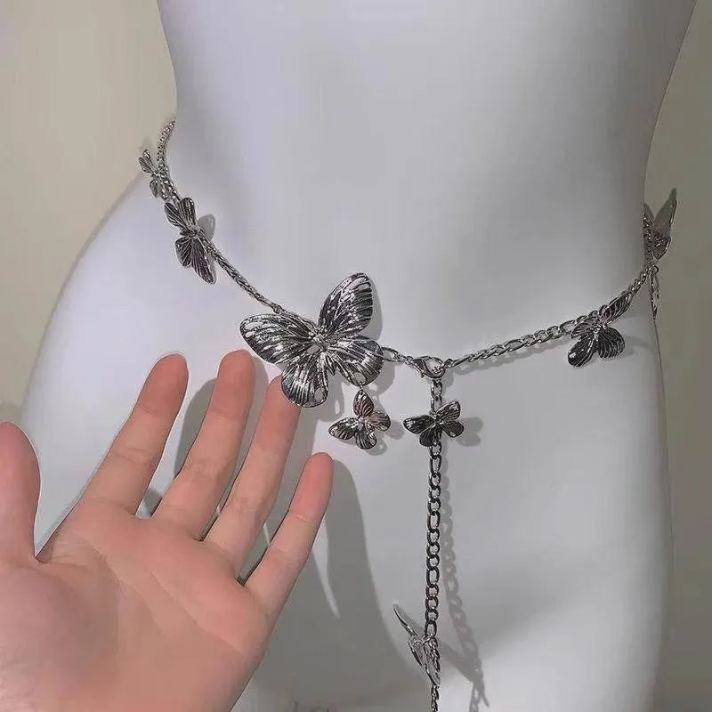 Gold or silver alloy butterfly waist chain belt showing 104cm length and decorative charm.