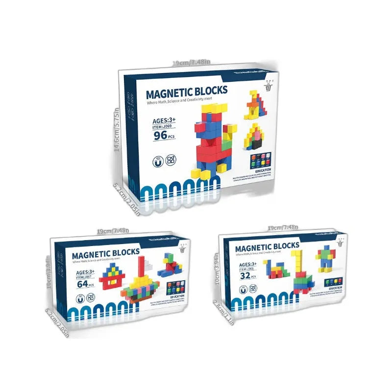 Magnetic cube building blocks set in solid colours, plastic material, 19 by 2.8 by 10 cm colour box packaging