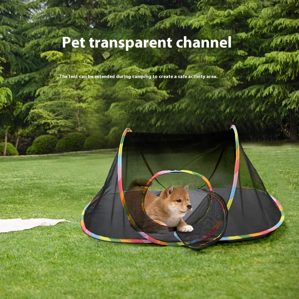 Foldable mesh cat cage in a hexagon shape, showing collapsible panels and breathable fabric.