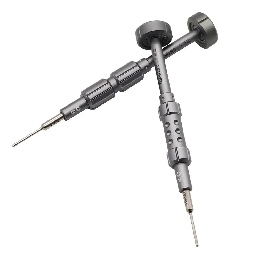 Grenade-shaped aluminium handle iPhone repair screwdriver with five bits including T2 cross triangle tail screw.