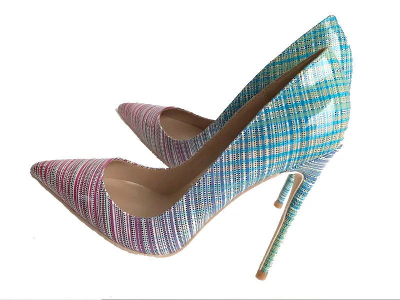 Pink to blue gradient patent leather pointed toe high heels with super-high heel