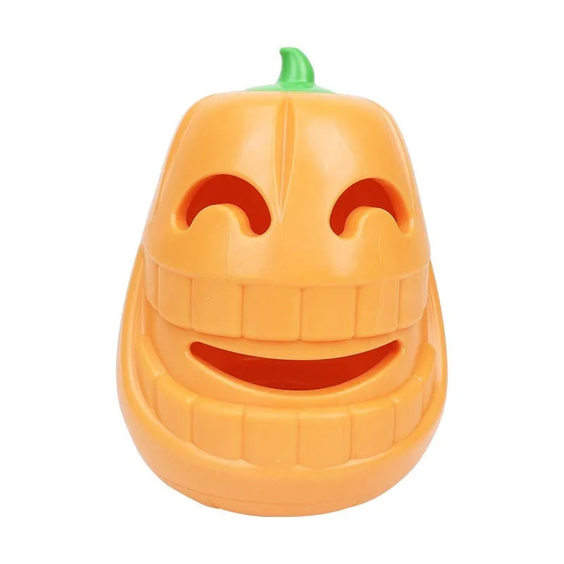 Halloween pumpkin shaped orange dog chew toy with treat-dispensing funnel opening
