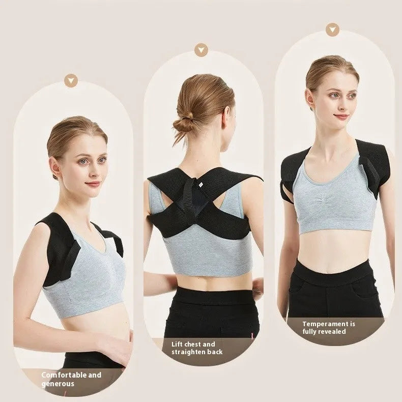 Adult posture corrector brace made of linen woven fabric in black, open shoulder design, available in sizes XS to XXL for men and women