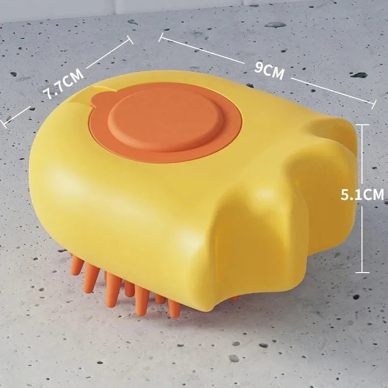 Four pet bath brushes with integrated shampoo boxes in blue, orange, and yellow colours for cat and dog washing