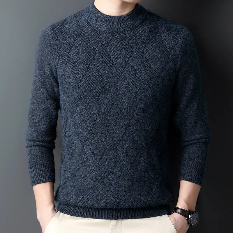 Men's winter thicken thermal plus size sweater in diamond jacquard wool blend pullover