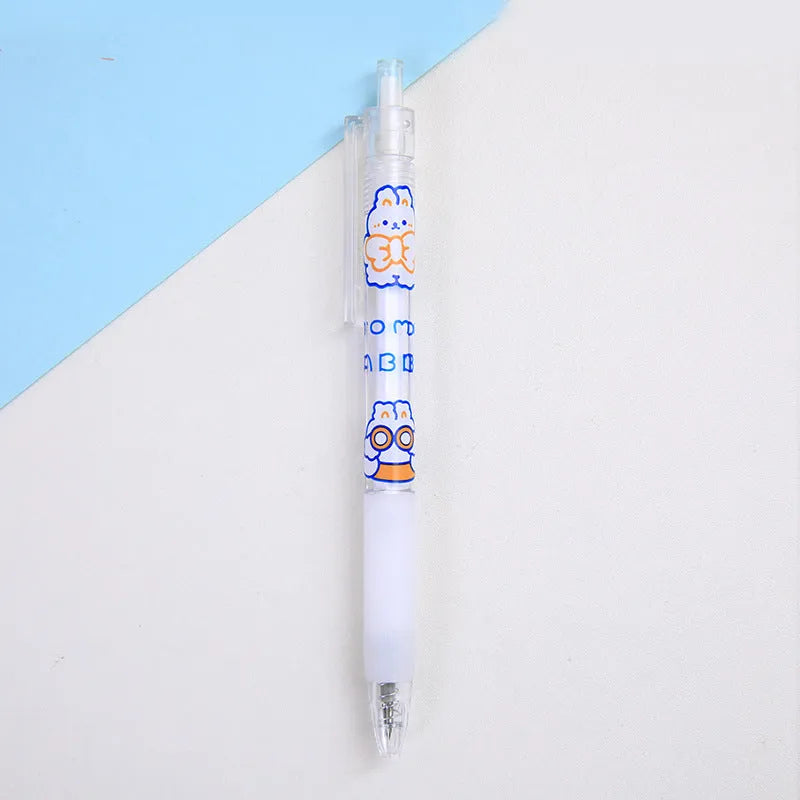 Set of six cute bear and bunny themed press pen knives on a white background.