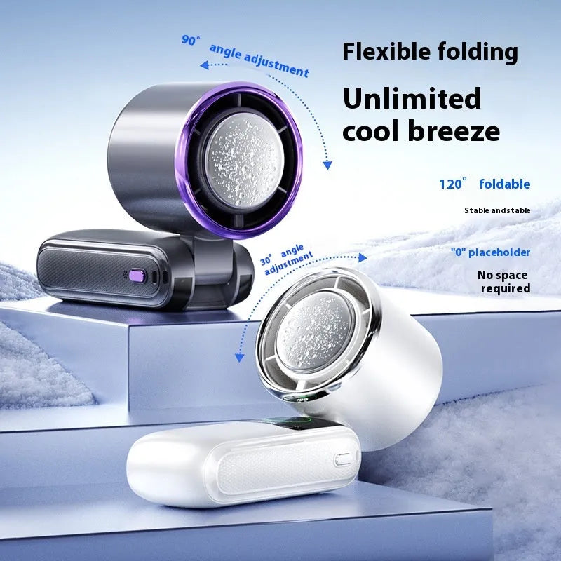 New folding handheld fan with brushless motor and 4000mAh battery in blue colour, showing multiple speed settings
