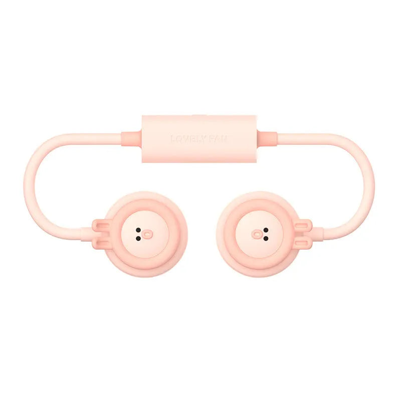 Pink and blue leafless hanging neck fan shown in folded and unfolded positions, displaying its compact size.