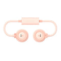 Pink and blue leafless hanging neck fan shown in folded and unfolded positions, displaying its compact size.