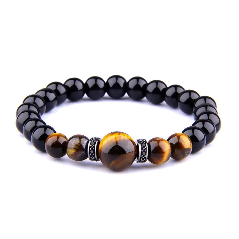 Men's natural stone bracelet with tiger eye beads, 8mm round, elastic, invisible clasp, brown stone with silver metal finish
