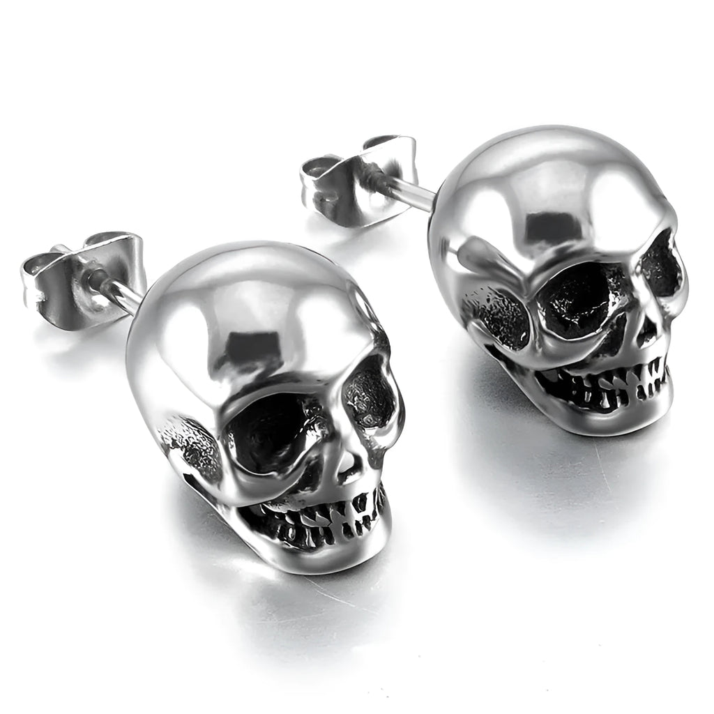 Small skull stud earrings white copper push-back fastening black silver colour unisex punk style