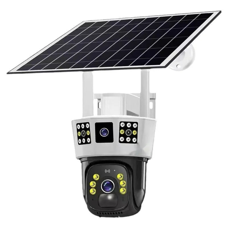 Solar binocular three-screen surveillance camera with solar panel for outdoor security monitoring