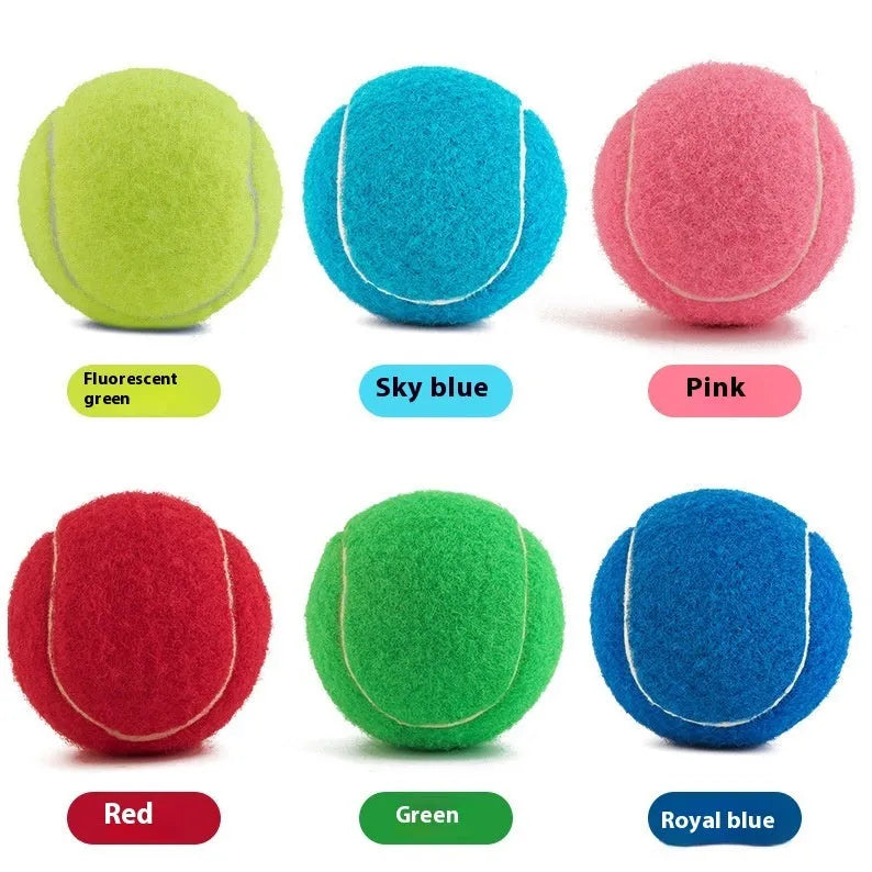 Bite-resistant rubber dog tennis ball toy in bright pink, 6.3cm diameter.