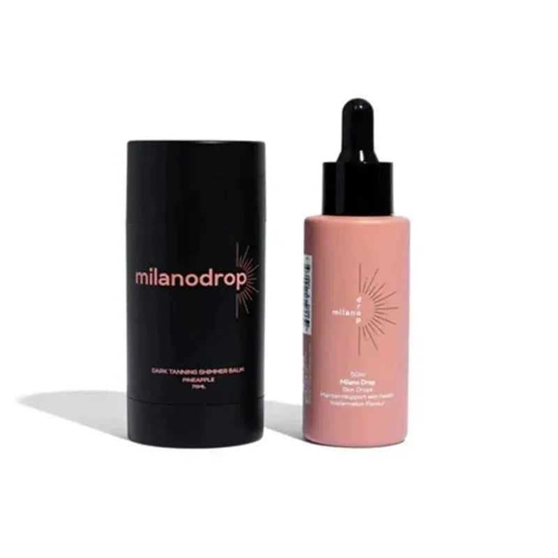 Matte black self-tanning liquid bottle and tanning flash cream tube for body care.