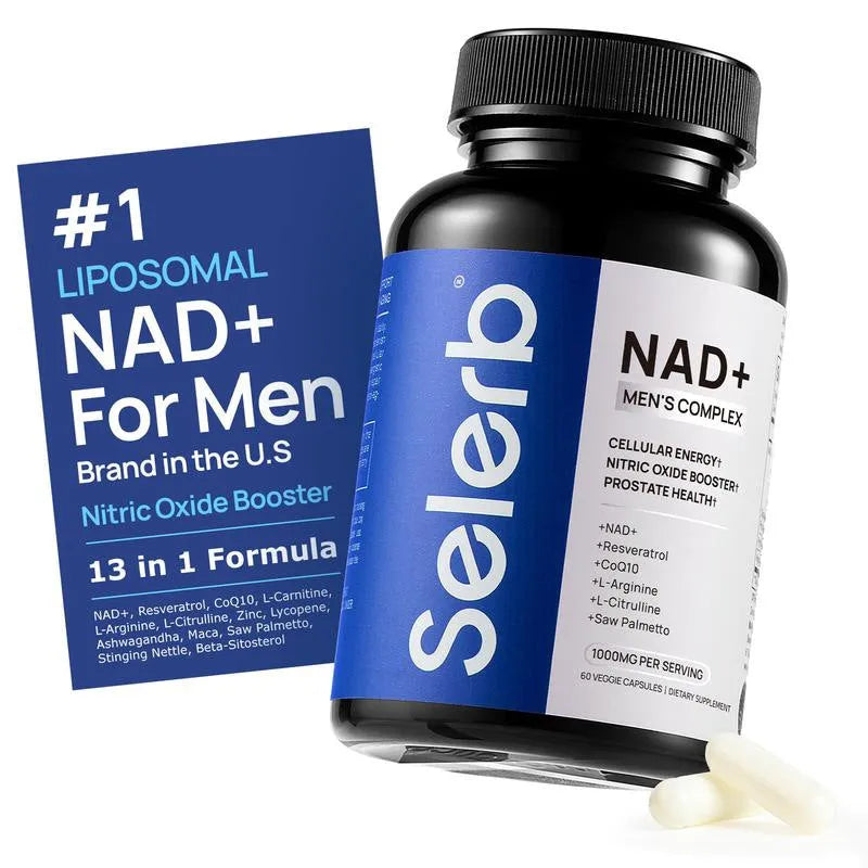 Men's NAD capsule supplement bottle with 30 tablets, extraction process formula