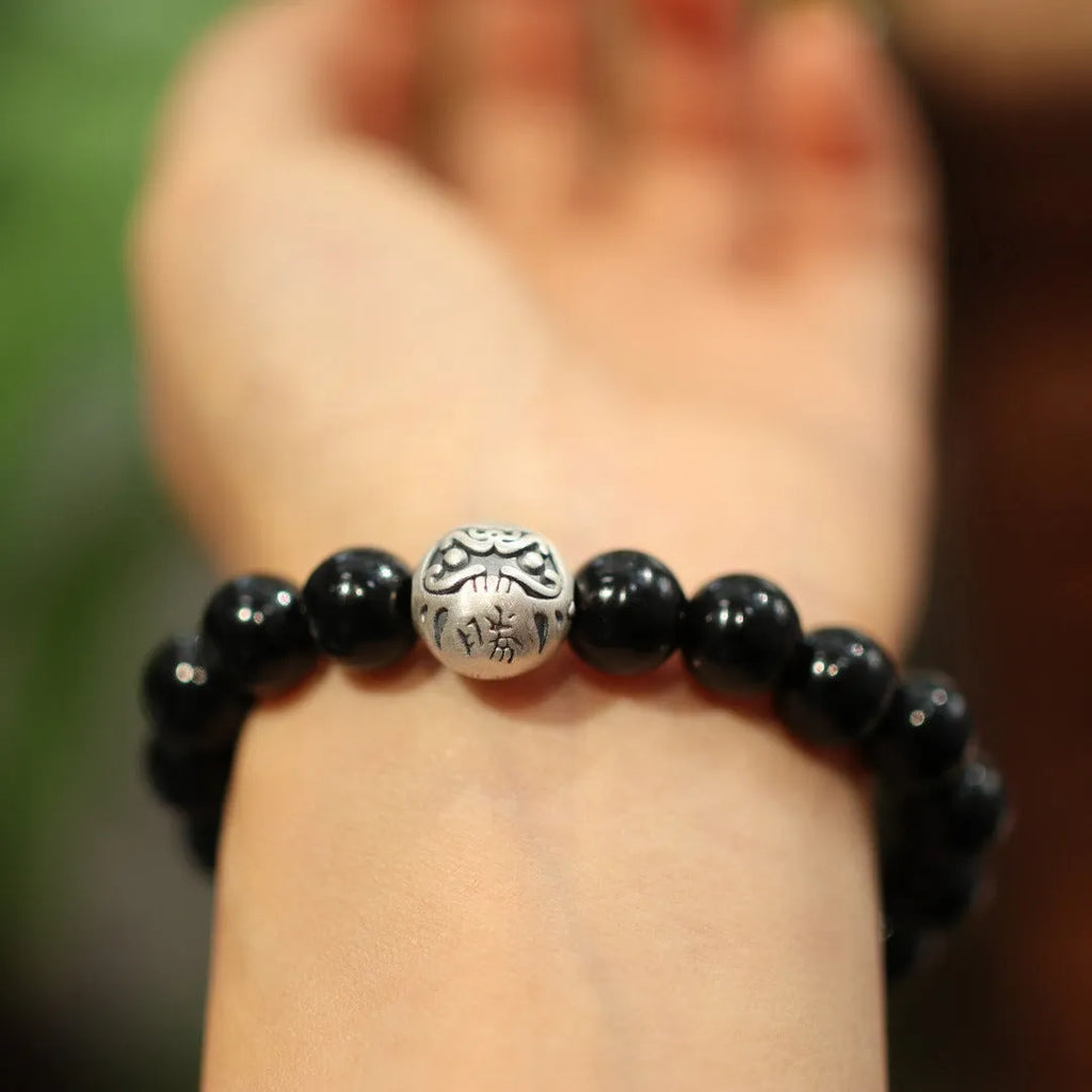 Black agate and sterling silver bracelet with 10mm beads in Chinese style design