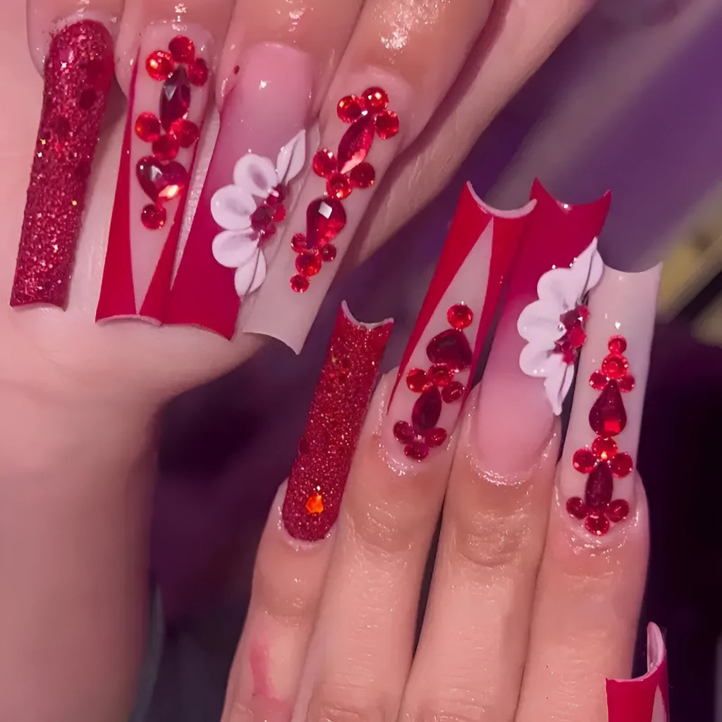 Flower pattern fake nails with red transparent diamond accents in European square long shape