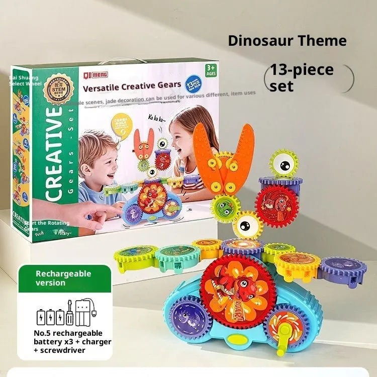 Electric building blocks changeable gear toy in dinosaur theme with plastic blocks and portable gift box