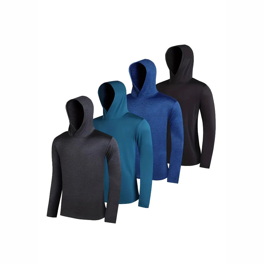 Four-pack of men's lightweight polyester hoodies in assorted colours on hangers