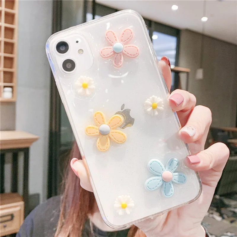 Soft rubber iPhone case with pink girl heart and New Year flower design on a white background.