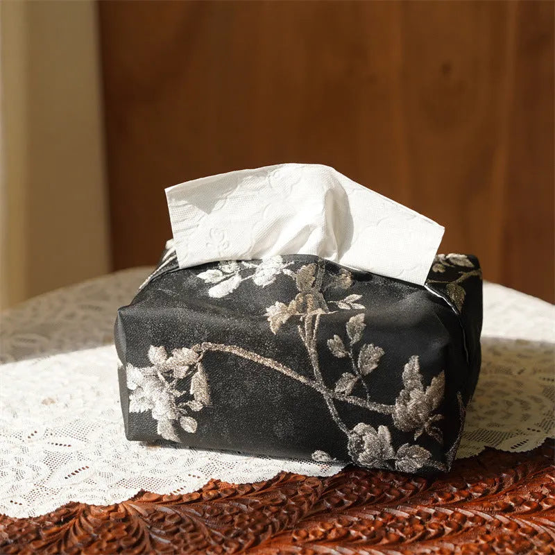 New Chinese style brocade tissue box cover with white plum embroidery, shown with and without a pearl buckle