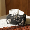 New Chinese style brocade tissue box cover with white plum embroidery, shown with and without a pearl buckle