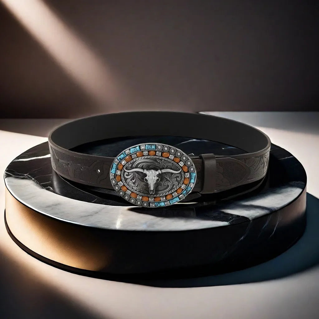Men's brown imitation leather belt with a detailed electroplated alloy cow head buckle.