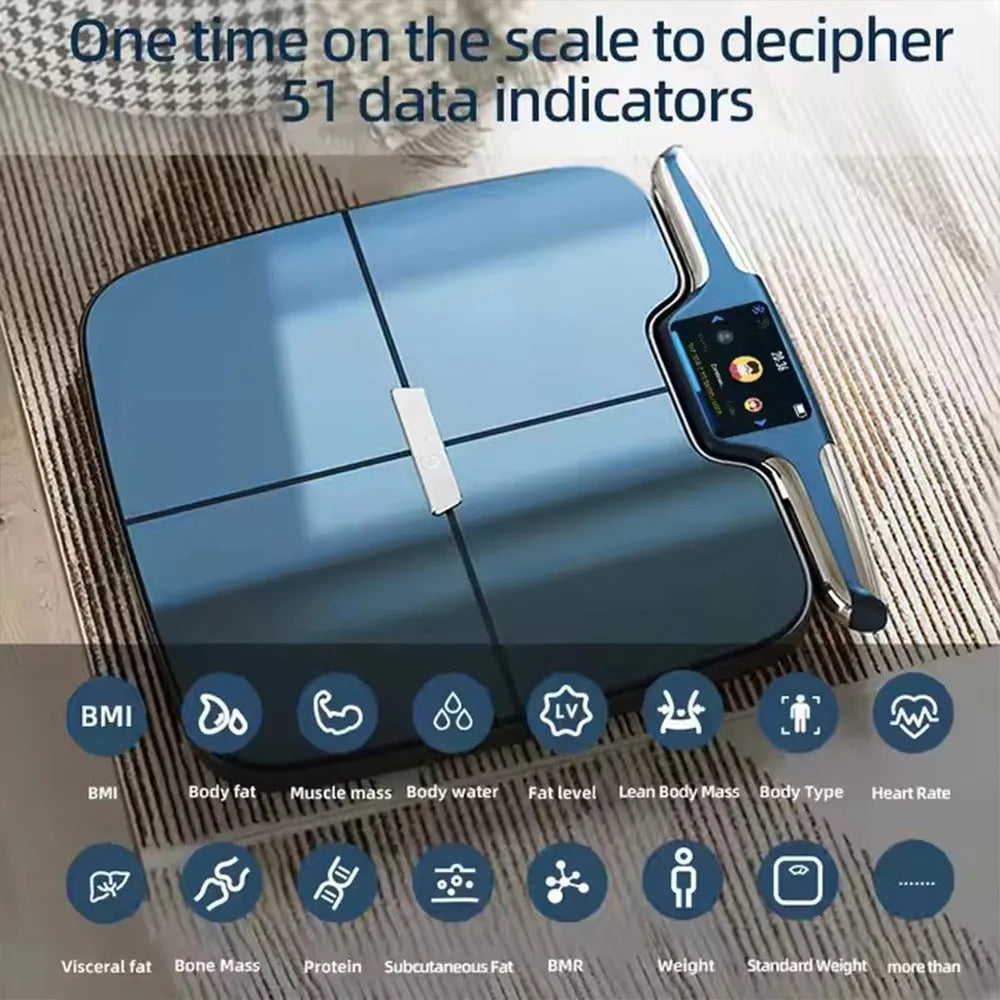 Black eight-electrode body fat smart scale showing digital display on 45cm platform