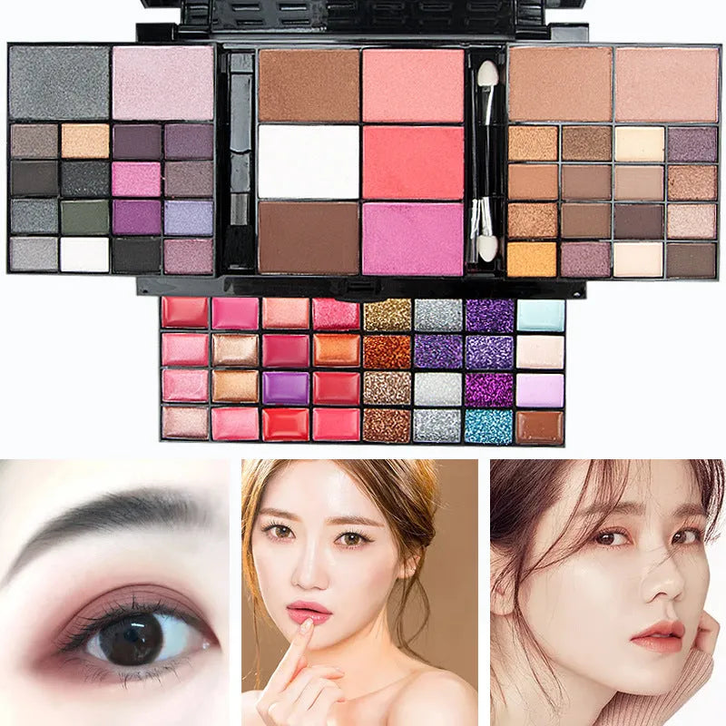 74 colour makeup palette set open showing four layers of eyeshadows, lip glosses, blushes, and contour powders with brushes