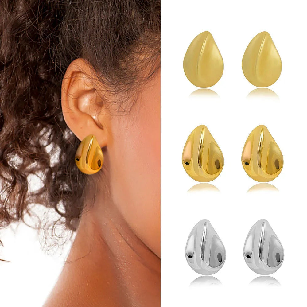 Pair of alloy ear studs with cold wind pleated design and geometric water droplet shape in electroplated finish