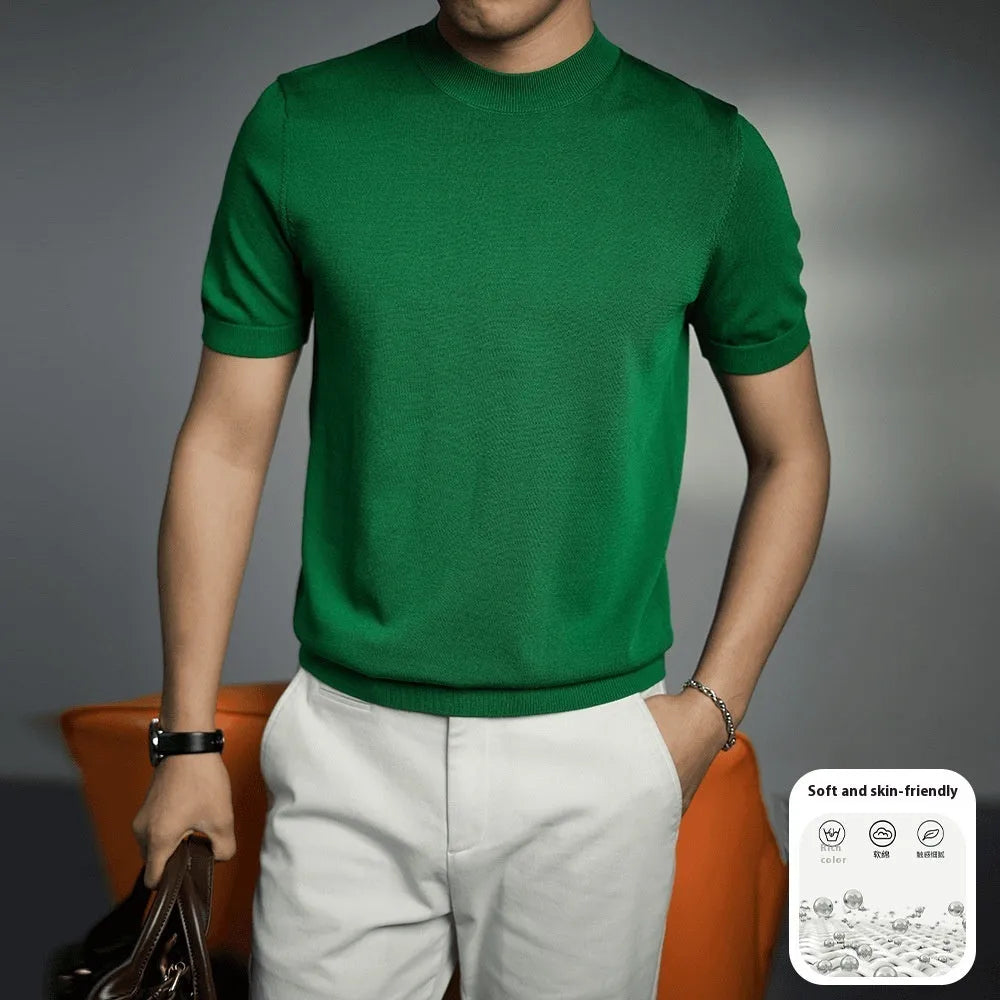 Men's solid colour knitted T-shirt with round neck and short sleeves on a hanger.