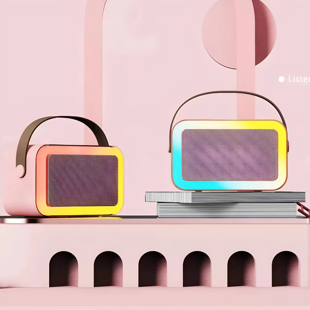 Portable Bluetooth karaoke microphone speaker in pink, sky blue or white colour with card recording slot
