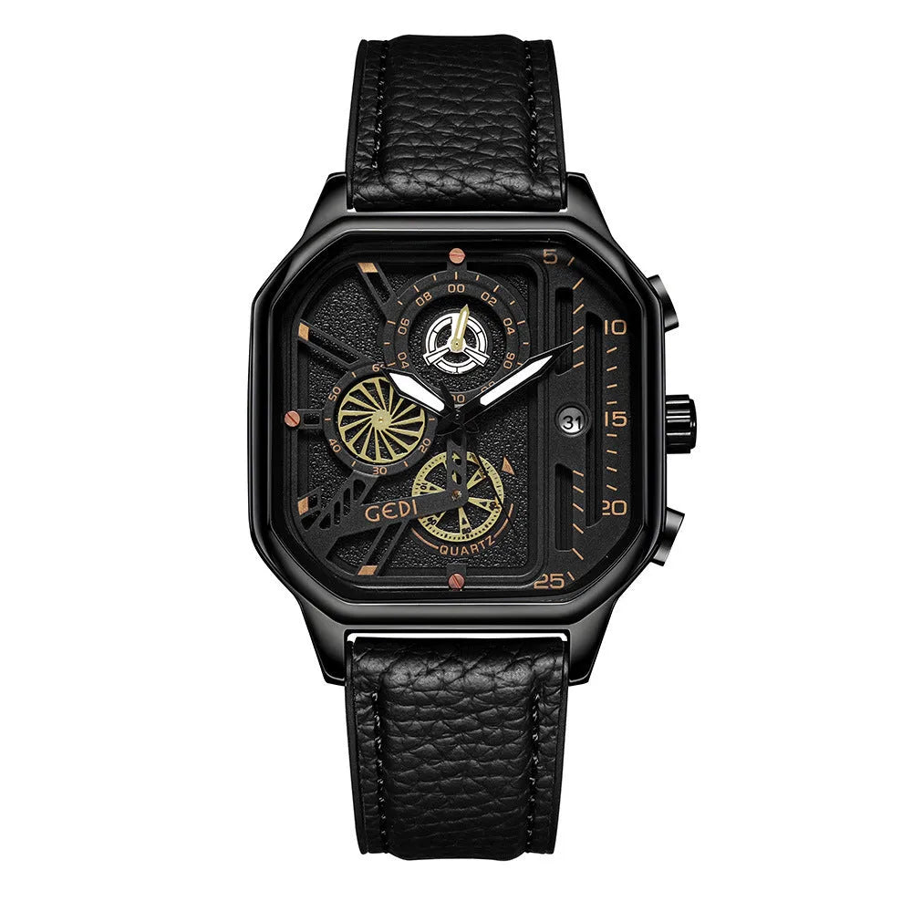 Men's waterproof quartz watch with black silicone strap and luminous dial