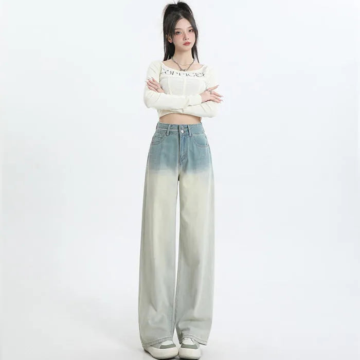 Women's gradient blue cotton denim wide-leg straight trousers on a hanger.