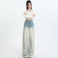 Women's gradient blue cotton denim wide-leg straight trousers on a hanger.
