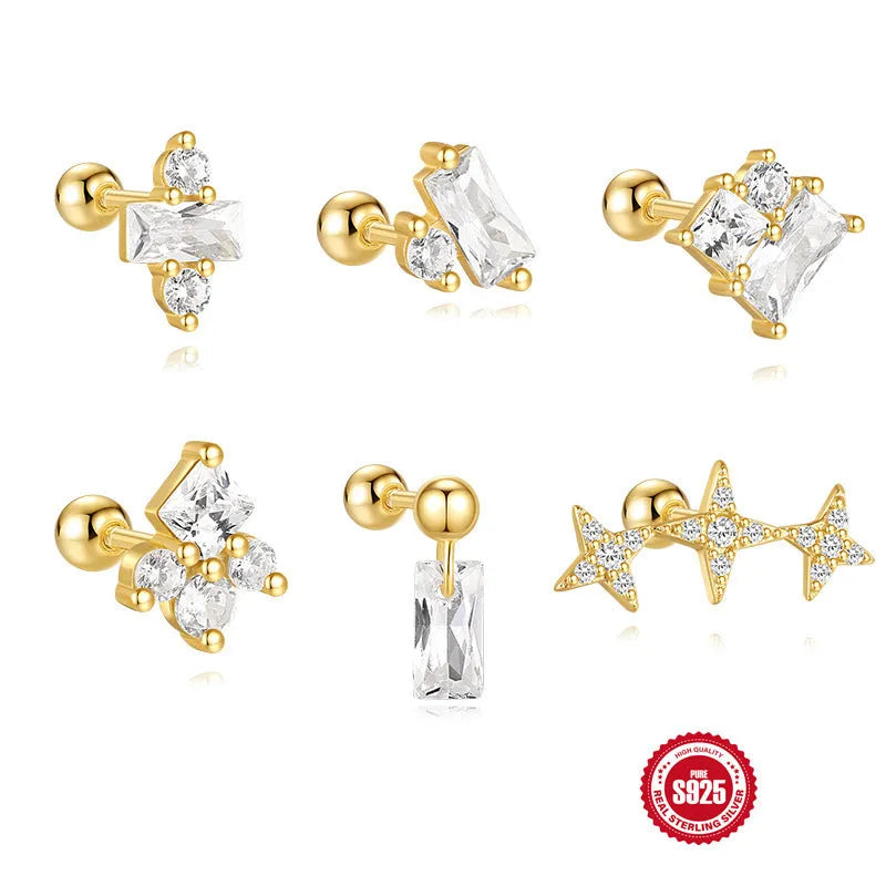 S925 sterling silver flower stud earrings with a square red gravel gemstone in a golden electroplated finish.