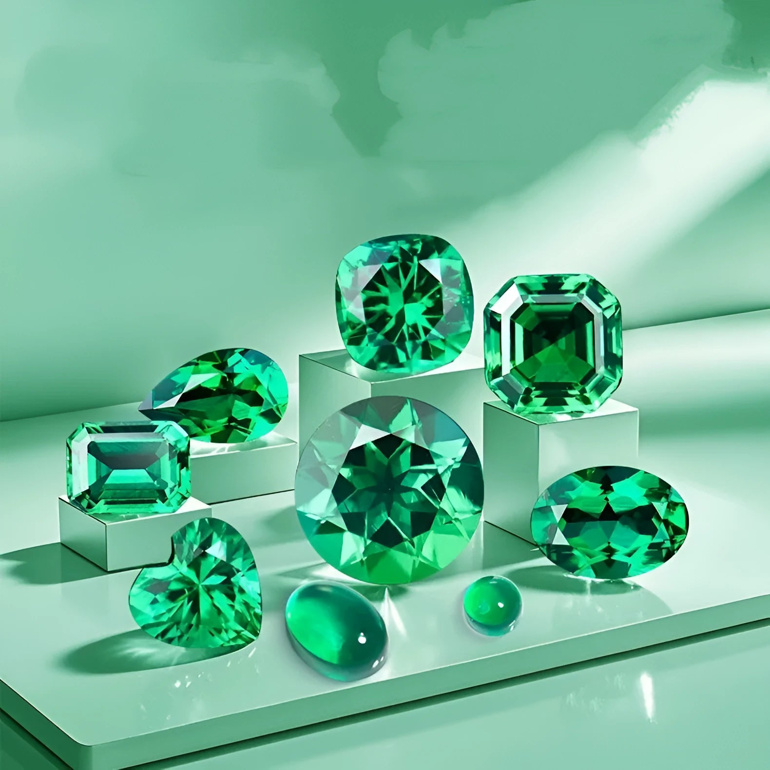 Loose cultivated emerald gemstone in Columbia green treasure colour on a white background.