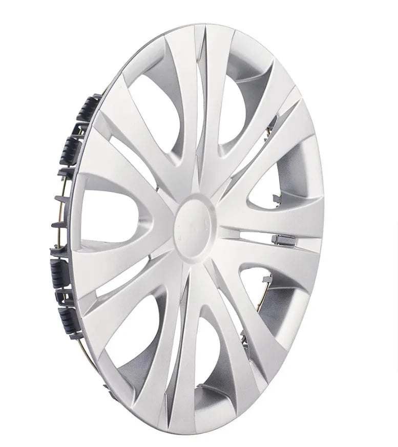 Universal car wheel hub cover in black, silver, and electroplated monochrome finishes.