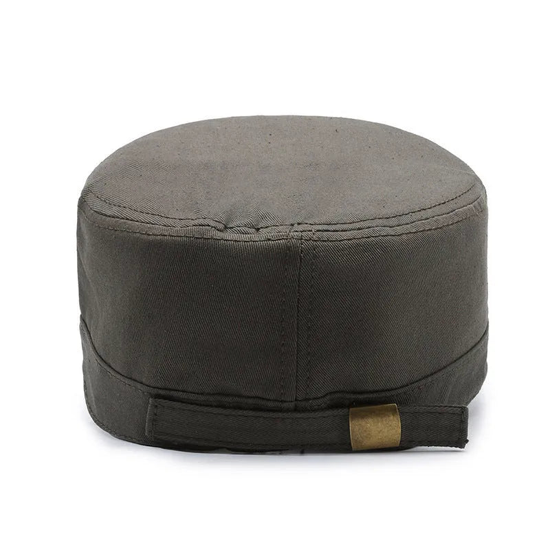 Men's adjustable flat-top cotton peaked cap in army green with an English letter print on the front.