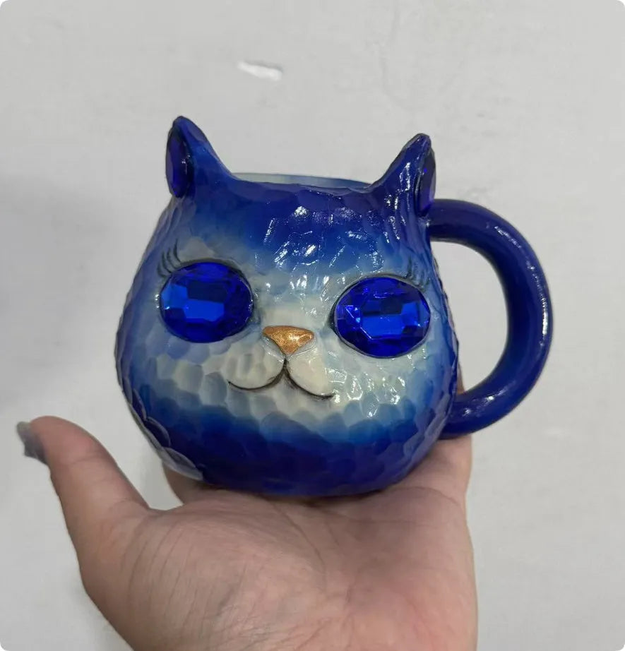 American style resin cat cup decoration in blue, green, pink, or purple colour.