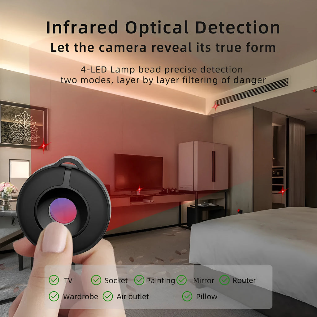 Black infrared camera detector with compact design for locating hidden cameras up to 5 metres away